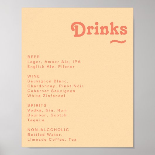 Modern Retro Orange Cream Wedding Drinks Menu Sign ポスター (正面)