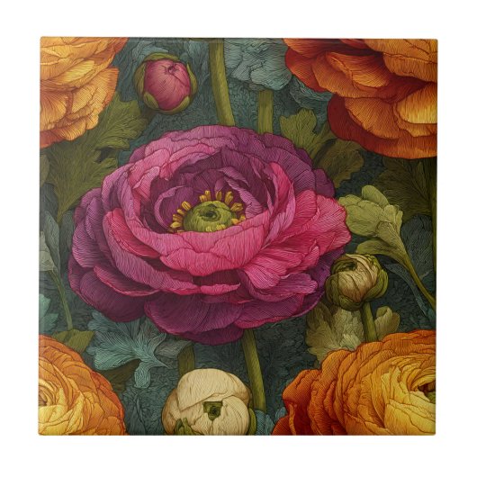 Modern Retro Ranunculus  Tiles  For Cooking Space タイル (正面)