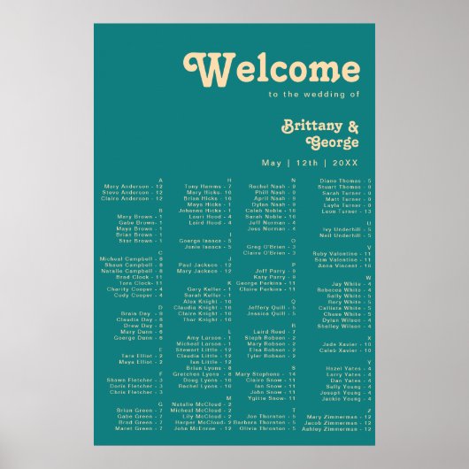 Modern Retro | Teal Alphabetical Seating Poster ポスター (正面)