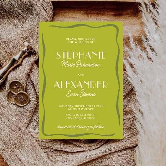Modern Retro Vibrant Bold Citrus Green Wedding 招待状