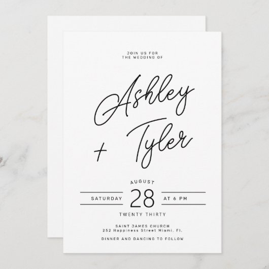 Modern retro whimsical script all in one wedding 招待状 (正面/裏面)