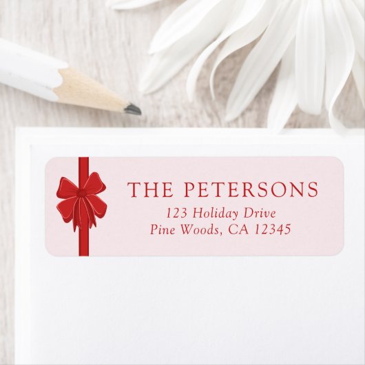 Modern Ribbon Bow Wrapped Christmas Return Address ラベル (インサイチュ)