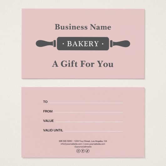 Modern Rolling Pin Bakery Pink Gift Certificate (正面&裏面)