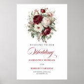 Modern Romance Burgundy Floral Gold Welcome Poster ポスター (正面)