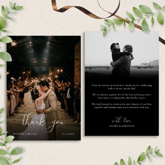 Modern Romantic Black & White Photo Script Wedding サンキューカード