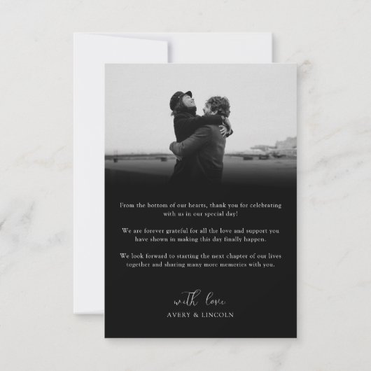 Modern Romantic Black & White Photo Script Wedding サンキューカード (裏面)