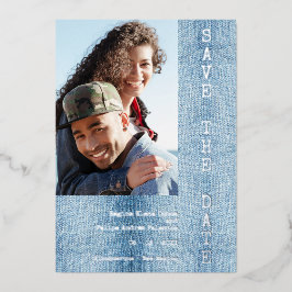 Modern Romantic Blue Jean Engaged Couple Photo 箔招待状