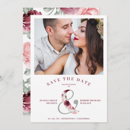Modern Romantic Classic Floral Pink Shades Photo セーブザデート (正面/裏面)