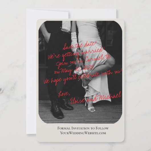 Modern Romantic Handwritten Photo Save the Date 招待状 (裏面)