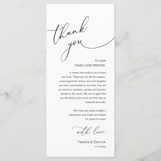 Modern Romantic Wedding Reception Thank You Card プログラム (正面)