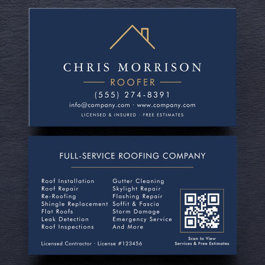 Modern Roofer Navy Blue Gold QR Code 名刺