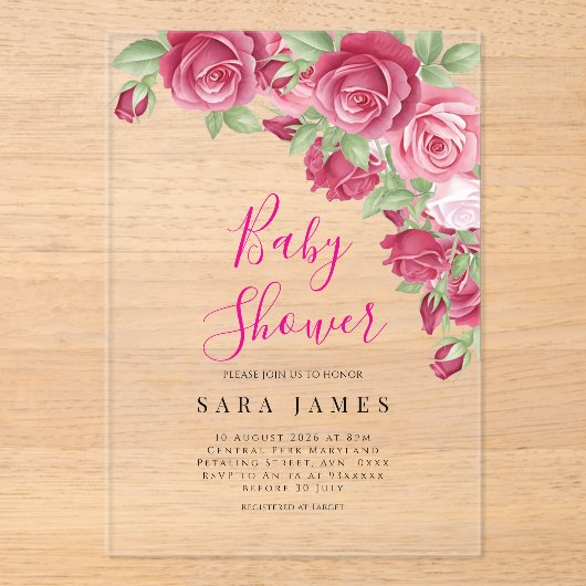Modern Rose Garden Acrylic Baby Shower Invitation アクリル招待状 (正面)