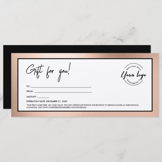 Modern Rose Gold Add Logo Gift Certificate 招待状 (正面/裏面)