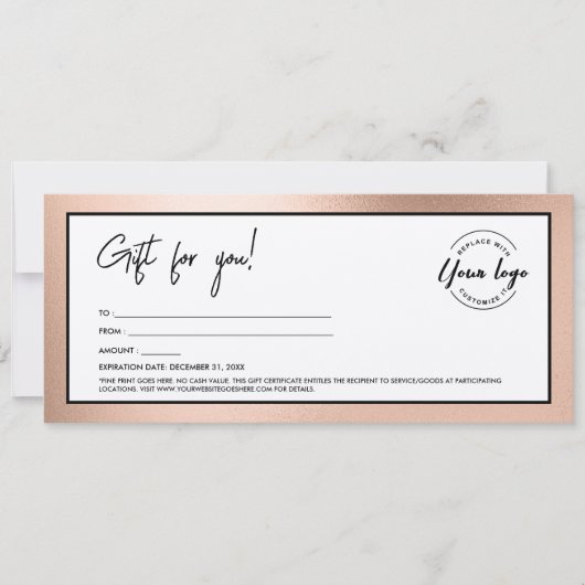 Modern Rose Gold Add Logo Gift Certificate 招待状 (正面)
