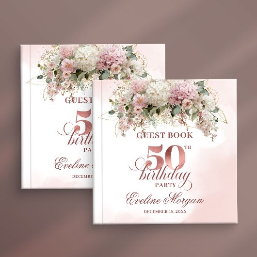 Modern Rose Gold Blush Floral 50th Guest Book ゲストブック