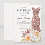 Modern Rose Gold Blush Floral Dress Birthday 招待状 (正面/裏面)