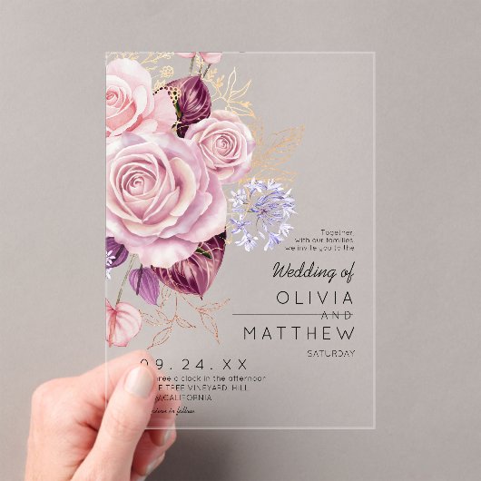 Modern Rose Gold Blush Floral Wedding  アクリル招待状 (インサイチュ (ポータブル))
