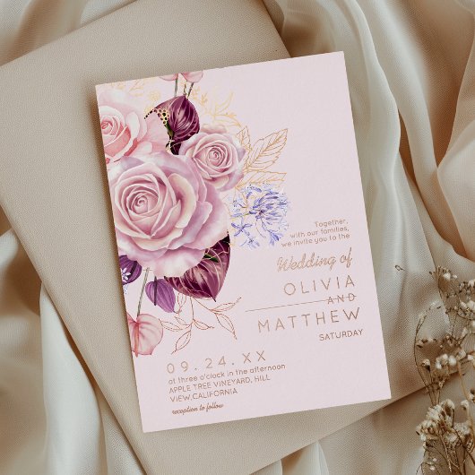 Modern Rose Gold Blush Floral Wedding  箔招待状