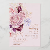Modern Rose Gold Blush Floral Wedding  箔招待状 (正面)