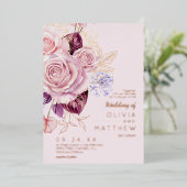 Modern Rose Gold Blush Floral Wedding  箔招待状 (立ち正面)