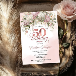 Modern Rose Gold Blush Flowers 50th Birthday   招待状