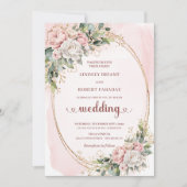 Modern Rose Gold Blush Greenery Wedding Invitation 招待状 (正面)