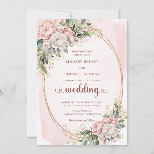 Modern Rose Gold Blush Greenery Wedding Invitation 招待状 (正面)