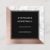 Modern Rose Gold Brushed Metal White Marble Black スクエア名刺 (正面)