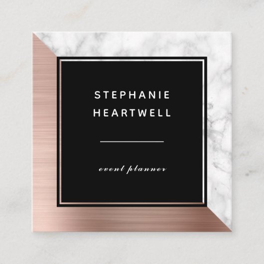 Modern Rose Gold Brushed Metal White Marble Black スクエア名刺 (正面)
