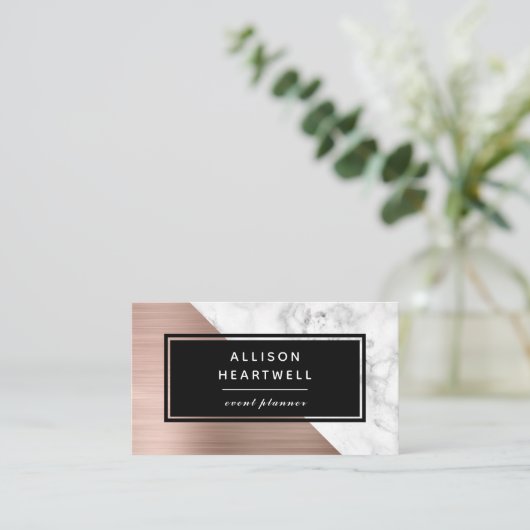 Modern Rose Gold Brushed Metal White Marble Black 名刺 (スタンド正面)