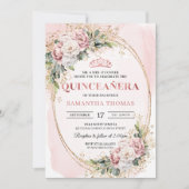 Modern Rose Gold Floral Greenery 15th Birthday 招待状 (正面)