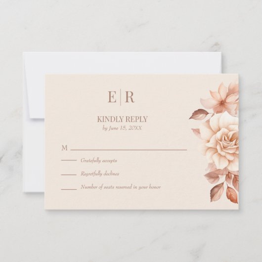 Modern Rose Gold Floral Monogram Wedding RSVP Card (正面)