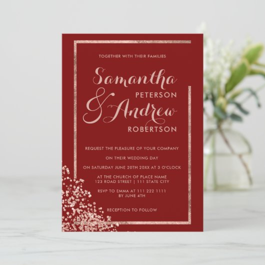 Modern rose gold frame red confetti wedding 招待状 (スタンド正面)