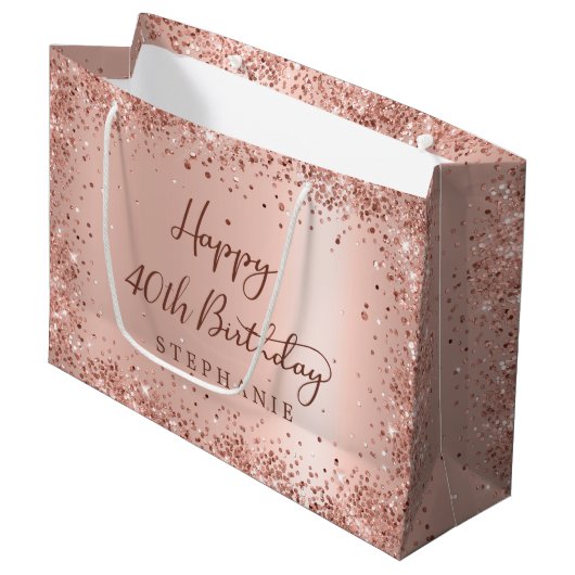 Modern Rose Gold Glitter Monogram 40th Birthday ラージペーパーバッグ (正面アングル)
