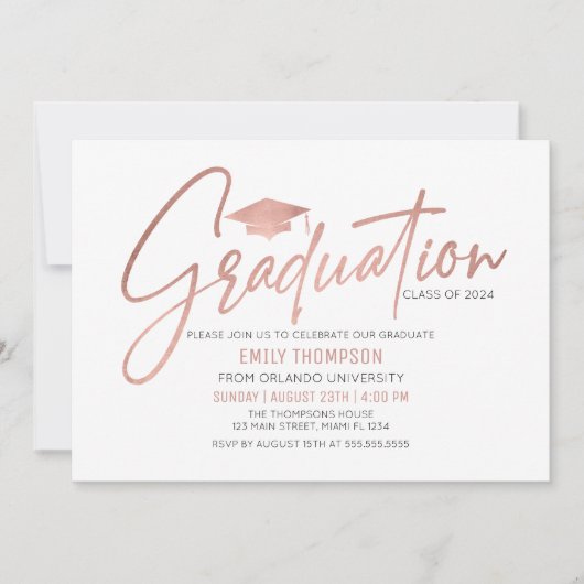 Modern Rose Gold  Graduation Invitation 招待状 (正面)