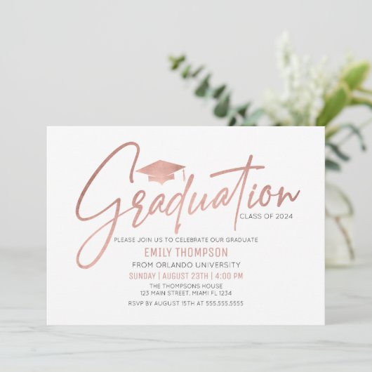 Modern Rose Gold Graduation Invitation 招待状 (スタンド正面)