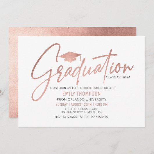 Modern Rose Gold Graduation Invitation 招待状 (正面/裏面)