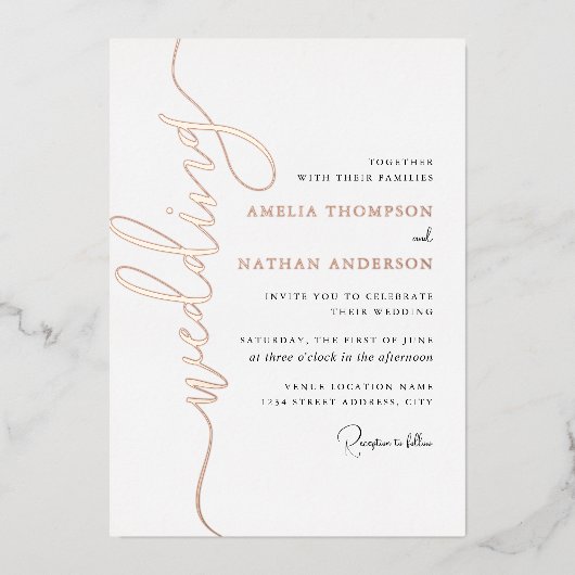 Modern Rose Gold Wedding  箔招待状 (正面)