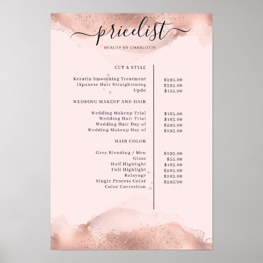 Modern  Roségold Watercolour Pricelist Poster ポスター (正面)