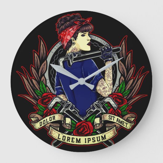 Modern Rosie Tattoo's Women's ラージ壁時計 (正面)