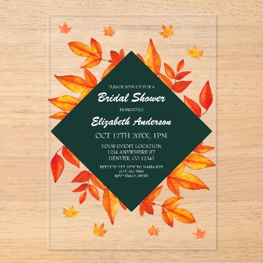 Modern Rustic Autumn Leaves Bridal Shower アクリル招待状 (正面)