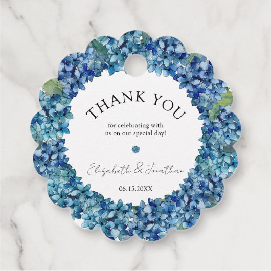 Modern Rustic Blue Hydrangeas Floral Wedding フェイバータグ (裏面)
