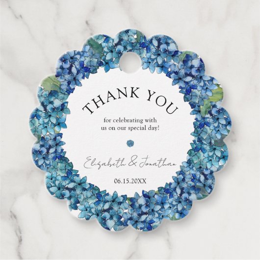 Modern Rustic Blue Hydrangeas Floral Wedding フェイバータグ (正面)