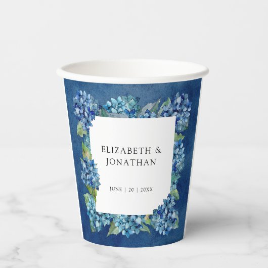 Modern Rustic Blue Hydrangeas Floral Wedding 紙コップ (正面)