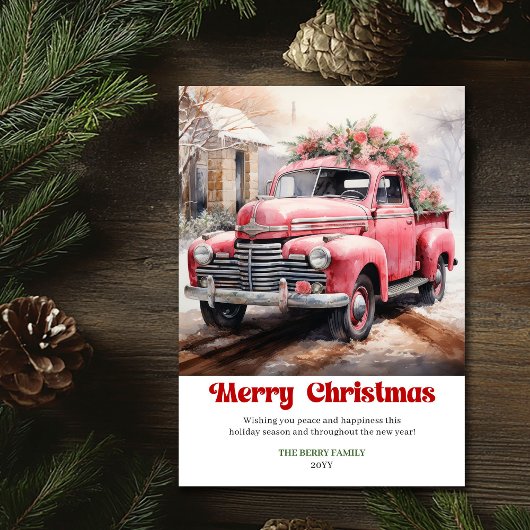 Modern rustic Christmas scene pink truck card art シーズンカード