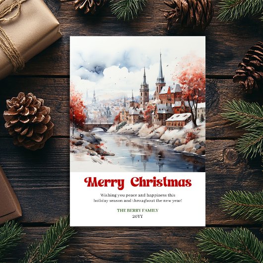 Modern rustic Christmas scene watercolor holiday   シーズンカード