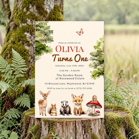 modern Rustic Forest Animals Baby's First Birthday 招待状