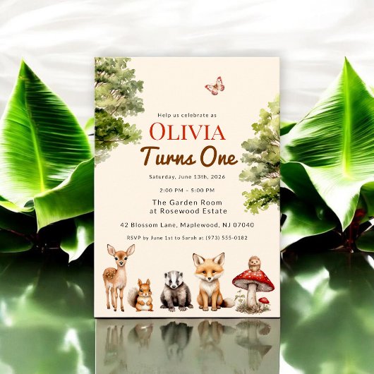 modern Rustic Forest Animals Baby's First Birthday 招待状