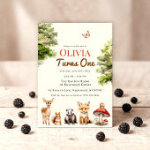modern Rustic Forest Animals Baby's First Birthday 招待状