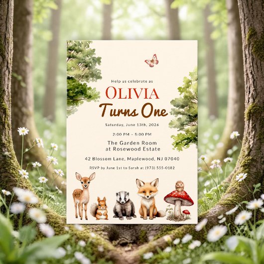 modern Rustic Forest Animals Baby's First Birthday 招待状